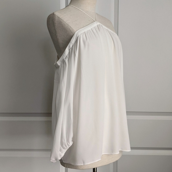 1. State Blouse High Neck Chiffon Sheer Blouson Sleeves Off Shoulder White M NWT - Picture 6 of 14